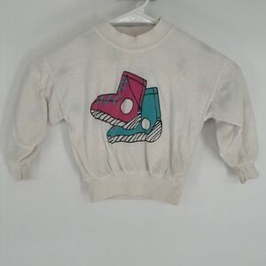 Vintage 80s Kids White Long Sleeve Sweatshirt with Pink‎ and Teal Boots Skii